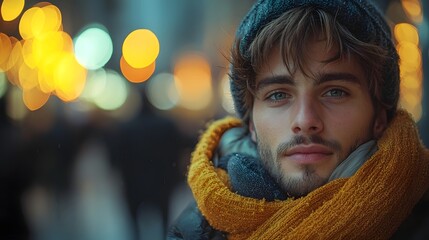 Portrait of a man carrying a child under soft city lights