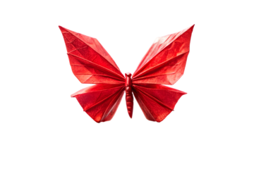 Scarlet elegance vibrant red origami butterfly dancing on transparent surface PNG transparent background