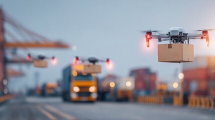 Drone Delivery Innovation: Three modern delivery drones gracefully navigate the logistics landscape, each carrying a parcel against a backdrop of a bustling distribution center.