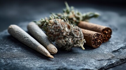 Obraz premium Two joints bud cigars lay on a dark slate surface closeup shot