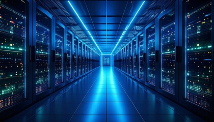 Obraz premium A long, symmetrical hallway in a data center, illuminated by cool blue lights.
