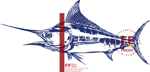 Blue marlin fish vector, swordfish illustration, sport fishing logo, ocean predator graphic, big game fish art, seafood emblem, nautical vintage design, marine life drawing.