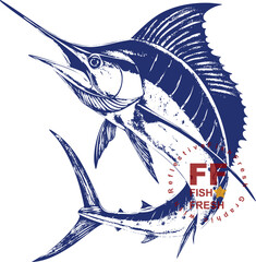 Blue marlin fish vector, swordfish illustration, sport fishing logo, ocean predator graphic, big game fish art, seafood emblem, nautical vintage design, marine life drawing.