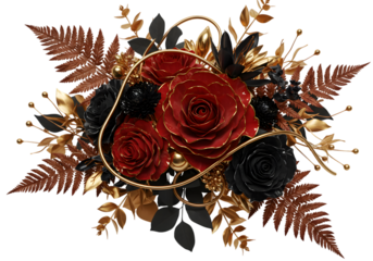 Elegant Floral Illustration Red Roses Gold Accents Black Leaves on Transparent