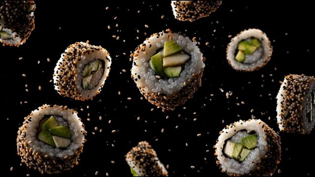 Sushi on a dark background. Fresh seafood and rice food. Bright sushi rolls with tuna and avocado in masago caviar. Japanese style food serving. Golden dragon sushi roll with crab flying on dark backg