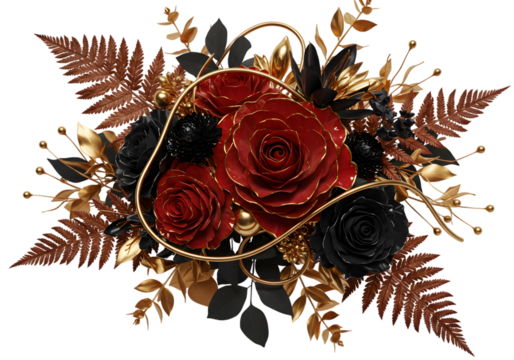 Elegant Floral Illustration Red Roses Gold Accents Black Leaves on Transparent