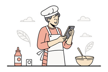 Smiling chef in apron and hat uses smartphone to follow recipe while preparing food in kitchen