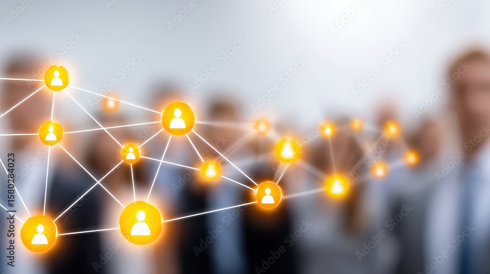 Poster connecting the dots: a vivid network of glowing icons symbolizes the power of connection and network