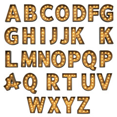 Retro Alphabet Marquee Letters with Glowing Lights Transparent Background