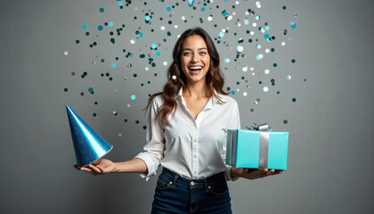 A joyful individual holds a blue gift box, adorned with a decorative bow, against a backdrop of confetti.