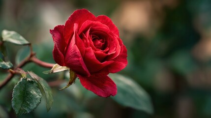 Vivid red rose in soft focus displaying layered petals and surrounded by green leaves
