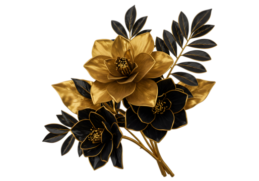 Elegant Isolated Black and Golden Flowers Bouquet on Transparent Background