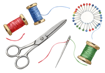 Illustration of Sewing Crafting Tools with Scissors Thread Needle and Pins