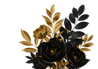 Elegant Isolated Black Flowers and Gold Leaves Floral Arrangement Illustration