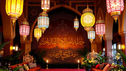 Traditional Arabic Sitting Room with Ornate Lanterns, Cushions, and Wall Calligraphy – Cultural Heritage and Sacred Interior Design Concept