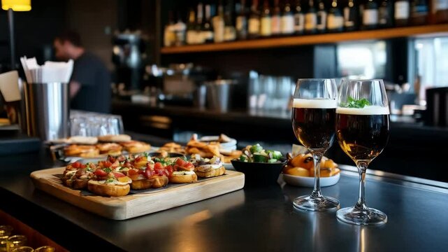 tapas on the plates and glasses of wine in spanish bar 