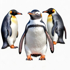 Fototapeta premium Group of three penguins standing upright on white background 