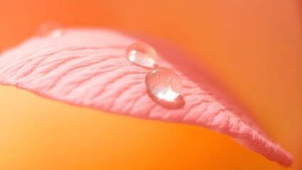 Macro of Pink Petal with Water Droplets Against Warm Orange Background – Nature’s Detail and Elegant Simplicity Concept