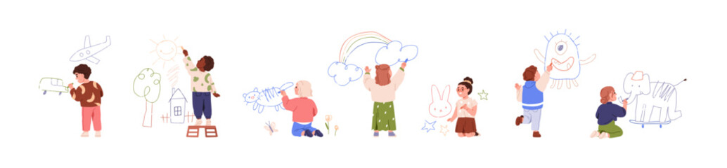 Kids drawing, set. Cute children with chalks sketching doodles, scribbles on walls. Preschool boys and girls, creative kindergarten characters. Flat vector illustration isolated on white background