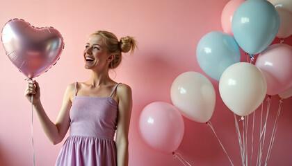 A woman in a purple dress stands amidst a backdrop of multicolored balloons, exuding joy and celebration.