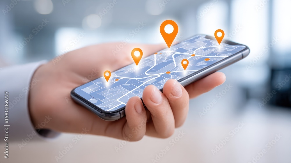 Poster navigating the digital world: a person's hand delicately holds a smartphone showcasing a navigation 