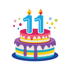 Festive tiered cake with blue candles and colorful confetti birthday cake number eleven