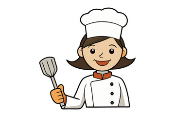Friendly cartoon female chef with spatula ready to cook delicious meals in her professional kitchen