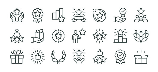 Best Award, Exclusive Benefit, High Rank Premium, Special Offer Icons Pack. Such Line Signs as Champion Award, Stars, Gift. Vector Icons Set for Web and App in Outline Style Editable Stroke.