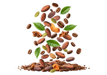 Obraz premium Falling Coffee Cocoa Bean Nut Ingredient with Leaves Transparent Background