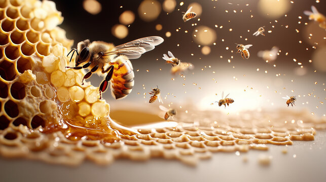 Realistic photo of a beekeeper inspecting a hive with bees buzzing around and honeycombs filled with golden honey.
