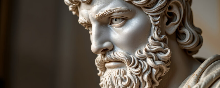 Ancient hero marble bust closeup with detailed curly hair and beard showing intense facial expression in soft lighting
