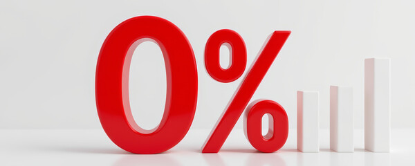 Zero percent symbol with white bar graph showing growth and success concept in business and finance