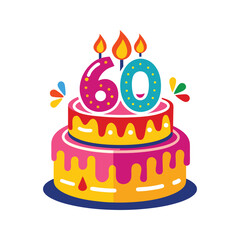 Festive two tier birthday cake with colorful number sixty candles celebration