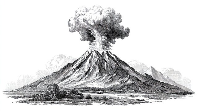 Engraving sketch of erupting volcano with smoke cloud and mountain landscape in classic vintage style