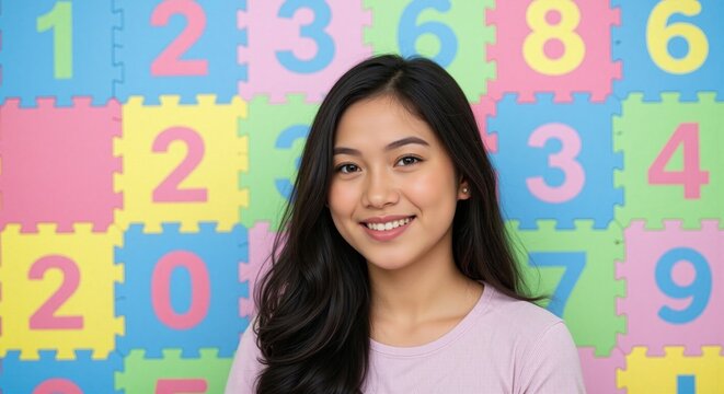 Smiling Young Woman with Long Black Hair Posing Against a Colorful Number Puzzle Mat Background. Perfect for Education, Childhood, or Learning Themes.