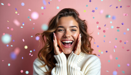 A cheerful woman in a white sweater stands against a pink backdrop adorned with confetti.