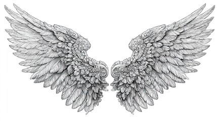 Engraving sketch of symmetrical angel wings with detailed feathers in vintage decorative fantasy style