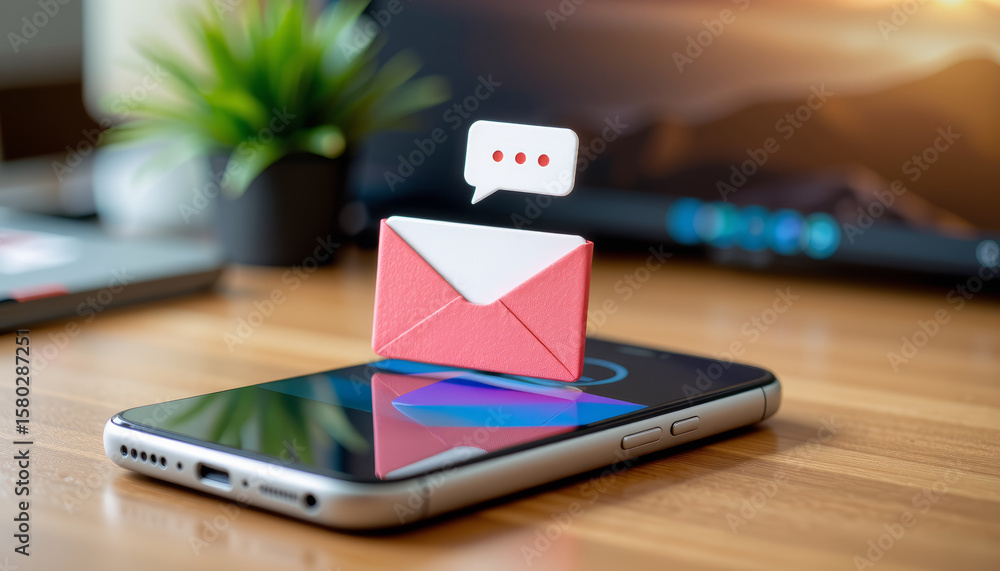 Poster smartphone on wooden table with red envelope icon and chat bubble symbolizing new message notificati