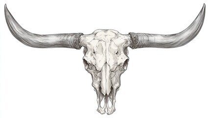 Engraving sketch of longhorn bull skull with large curved horns in realistic vintage anatomical style