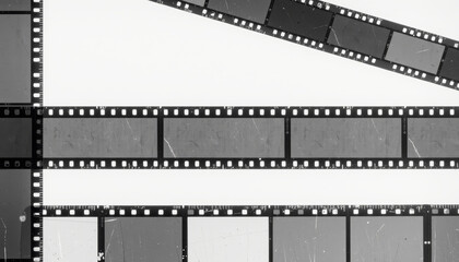 Vintage film strip closeup with scratches and dust on white background, showing empty frames and nostalgic texture