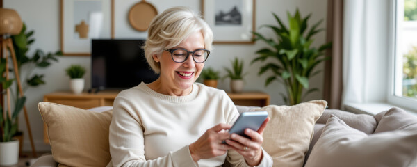 Joyful older woman exploring apps on smartphone at home with cozy living room background and natural light from window