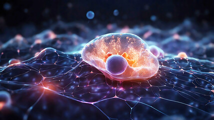 Stylized Biological Cell Cross-Section with Illuminated Organelles and Neural Network Backdrop – Cellular Intelligence and Biotech Concept