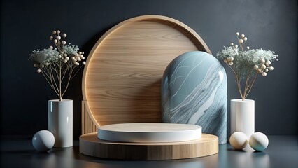 Photo of modern display stage with wood, marble, and floral accents