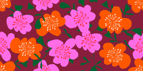 Obraz premium Trendy exotic hand drawn flowers seamless pattern. Floral background for textile, wallpaper, banner, covers, surface, printing and home decor. Flower vector illustration.
