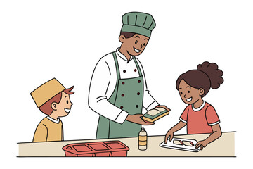 Smiling chef teaches children how to prepare healthy snacks in a fun cooking class