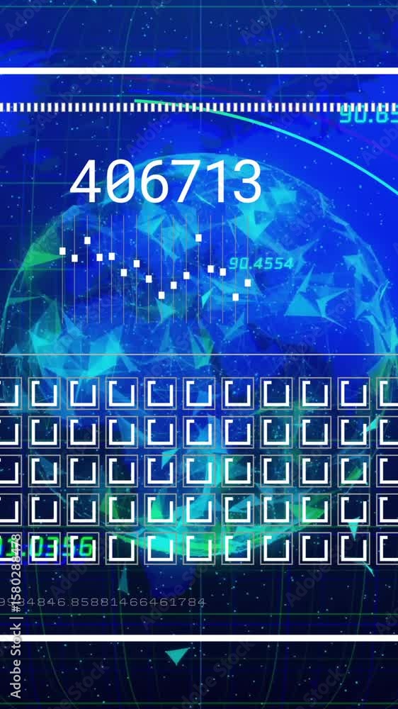 Poster animation of globe and world map over data processing on black background