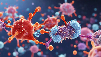 Microscopic Organisms Interacting in Colorful Cellular Environment – Viral Infection and Microbiological Visualization Concept
