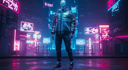 Cyberpunk Android in Neon City: Futuristic Street Scene, Rain, Glowing Lights.