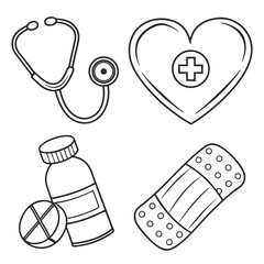 Collection of medical icons including a stethoscope heart with cross pills and bandage