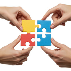 Teamwork Hands Connect Colorful Puzzle Pieces in Collaboration Concept